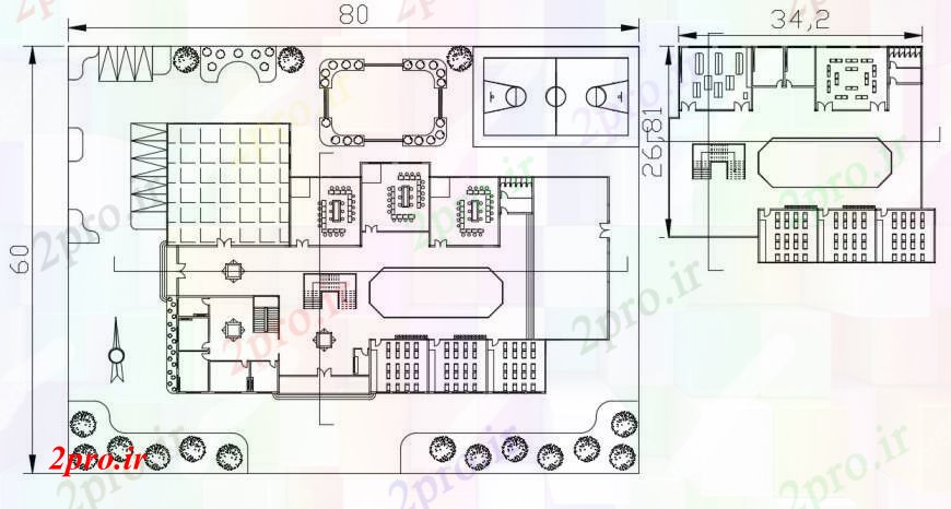دانلود نقشه دانشگاه ، آموزشکده ، مدرسه ، هنرستان ، خوابگاه - طراحی دو بعدی از نما بالای مدرسه 36 در 61 متر (کد94827)