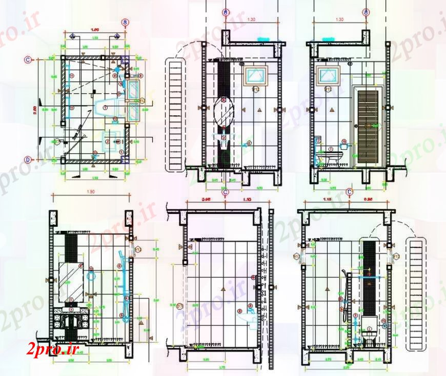 دانلود نقشه حمام مستر توالت برای بخش های خانه، برنامه ریزی و نصب و راه اندازی لوله کشی طراحی جزئیات 8 در 16 متر (کد94919)
