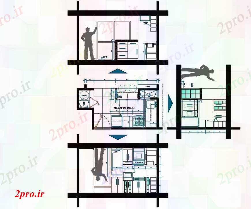 دانلود نقشه آشپزخانه آشپزخانه کوچک از بخش های خانه، برنامه ریزی و طراحی داخلی جزئیات (کد94957)