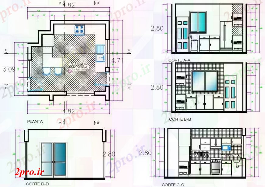 دانلود نقشه آشپزخانه خانه آشپزخانه چهار طرفه بخش و طرحی های  (کد94958)