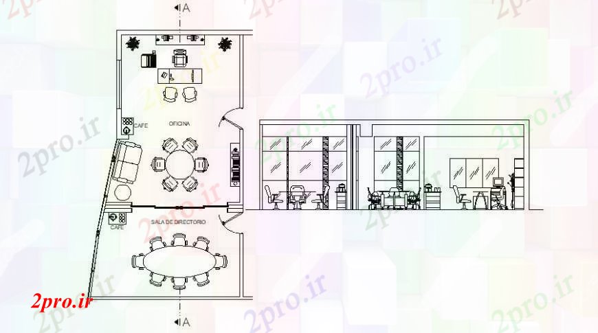 دانلود نقشه جزئیات و طراحی داخلی دفتر کابین دفتر با طرحی آشپزخانه و مبلمان طراحی جزئیات 6 در 11 متر (کد95000)