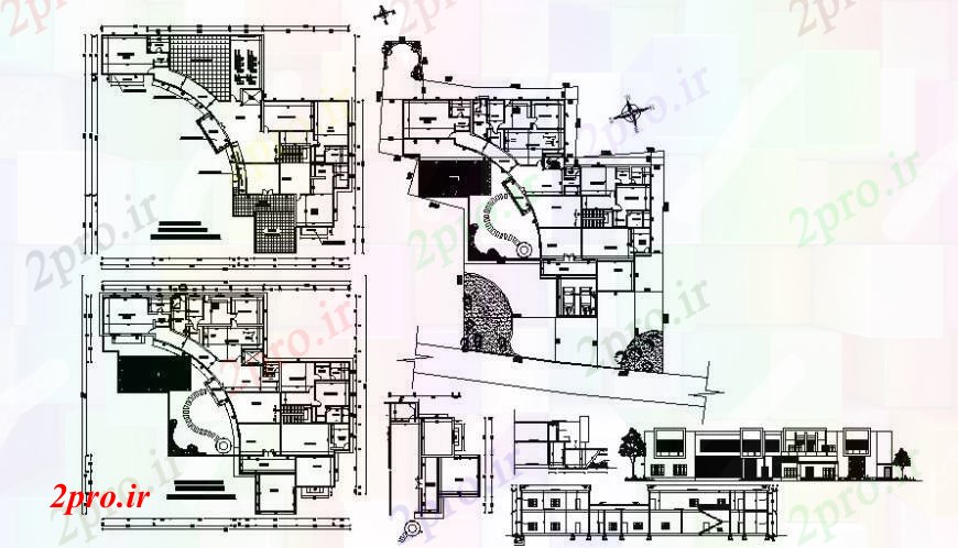 دانلود نقشه مسکونی  ، ویلایی ، آپارتمان  نما خانه چند خانواده، بخش و طرحی طبقه طراحی جزئیات (کد95018)