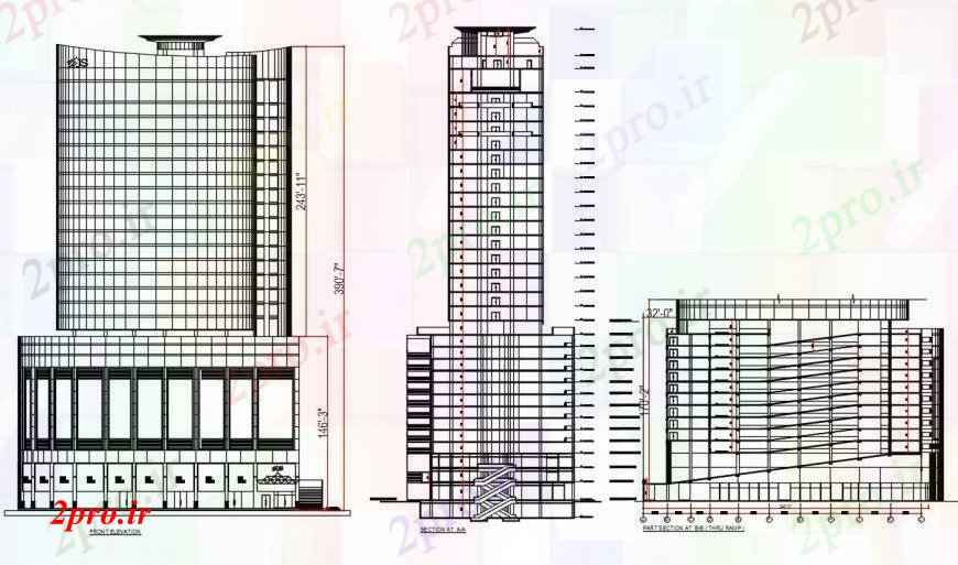 دانلود نقشه ساختمان مرتفعشهرستان برج اداری بلند ساخت نما جلو و بخش و بخش بخش طراحی جزئیات 15 در 28 متر (کد95088)