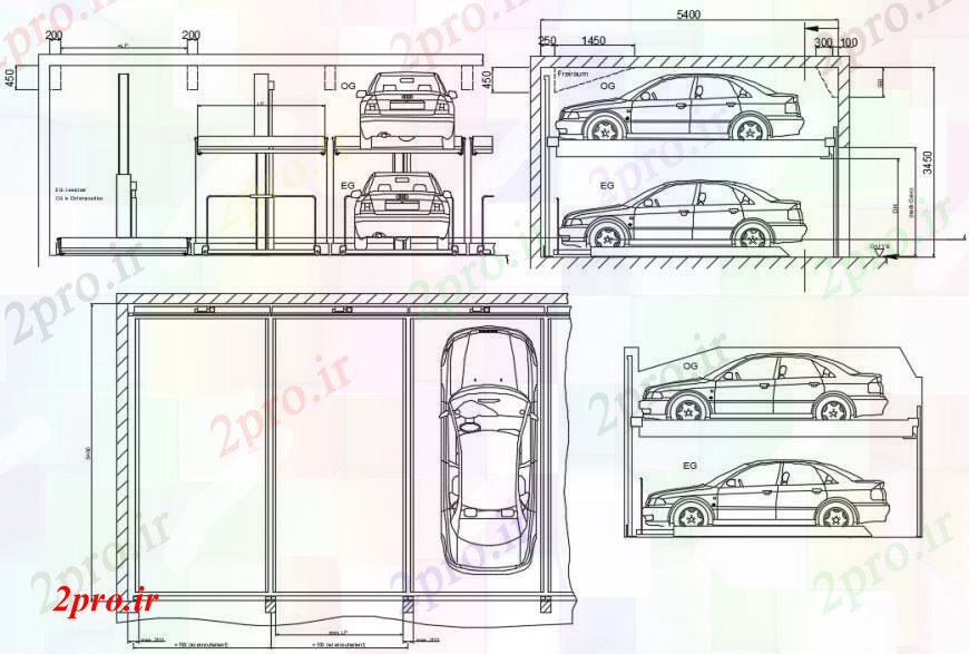 دانلود نقشه جزئیات ساخت و ساز طراحی  دو بعدی  از پارکینگ اتومبیل نما  اتوکد دو (کد95098)