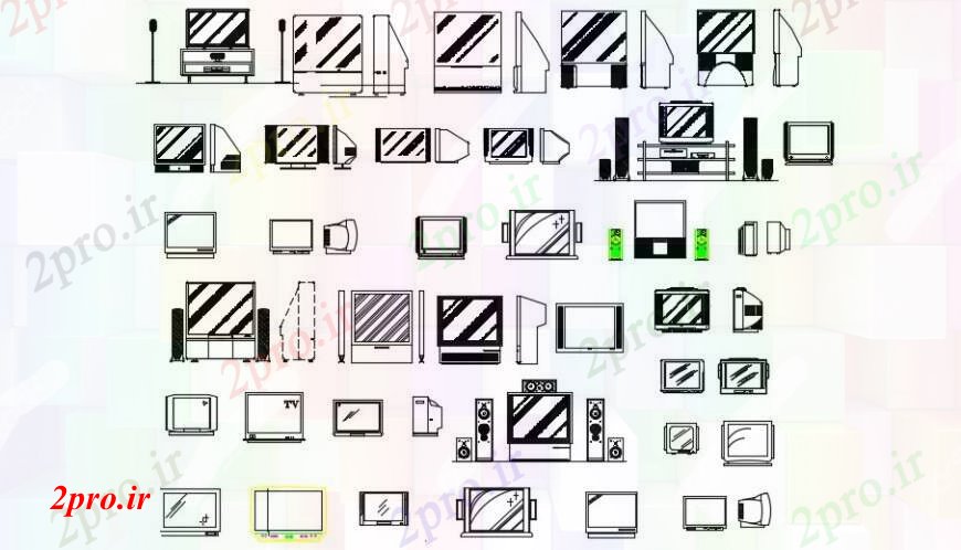 دانلود نقشه بلوک ، آرام ، نماد تلویزیون و تجهیزات الکتریکی بلوک های متعدد طراحی جزئیات  (کد95332)