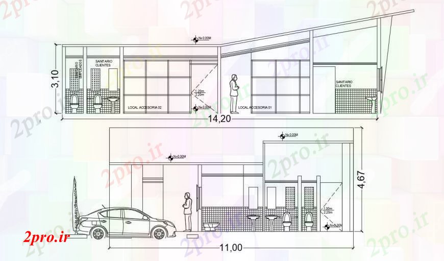 دانلود نقشه هایپر مارکت - مرکز خرید - فروشگاه طراحی دو بعدی از فروشگاه دستگاه مقابل اتوکد نما 14 در 18 متر (کد95404)