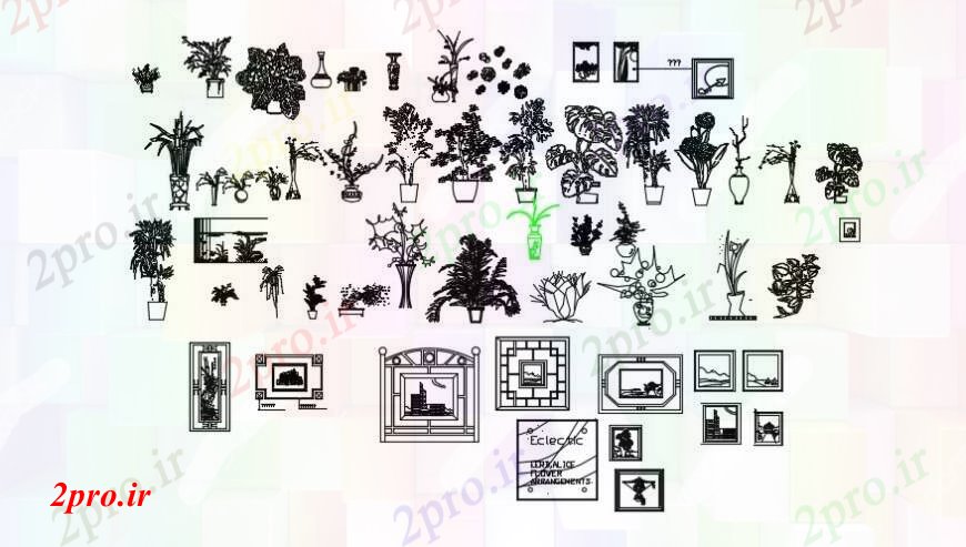 دانلود نقشه درختان و گیاهان چند گیاه درخت تزئینی، طراحی و بلوک خانگی طراحی جزئیات  (کد95442)