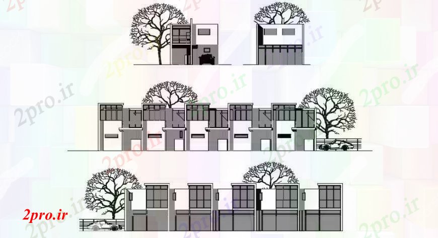 دانلود نقشه مسکونی  ، ویلایی ، آپارتمان  یکی چندگانه خانه های خانواده تمام نما طرفه طراحی جزئیات  (کد95552)