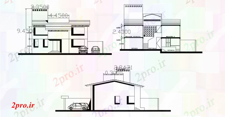 دانلود نقشه مسکونی  ، ویلایی ، آپارتمان  خانه مسکونی اصلی و پشت نما و بخش جلویی طراحی جزئیات  (کد95621)