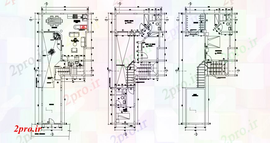 دانلود نقشه مسکونی  ، ویلایی ، آپارتمان  سه توزیع کف با طرحی مبلمان برای خانه مسکونی (کد95627)