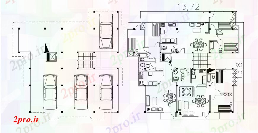 دانلود نقشه مسکونی  ، ویلایی ، آپارتمان  طرحی توزیع زیرزمین و طبقه همکف برای آپارتمان   ساخت و ساز (کد95632)