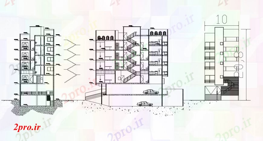 دانلود نقشه مسکونی  ، ویلایی ، آپارتمان  نما اصلی و جلو و بخش سمت طراحی جزئیات برای ساختمان های مسکونی (کد95646)