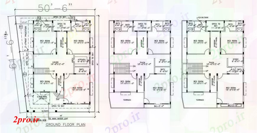 دانلود نقشه حمام مستر طبقه همکف به آسمان باز   دو بعدی  دقیق با یک طرحی چهار اتاق خواب (کد95685)