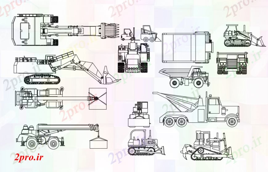 دانلود نقشه بلوک وسایل نقلیه JCB و سازنده بلوک وسیله نقلیه  متعدد رسم جزئیات (کد95725)