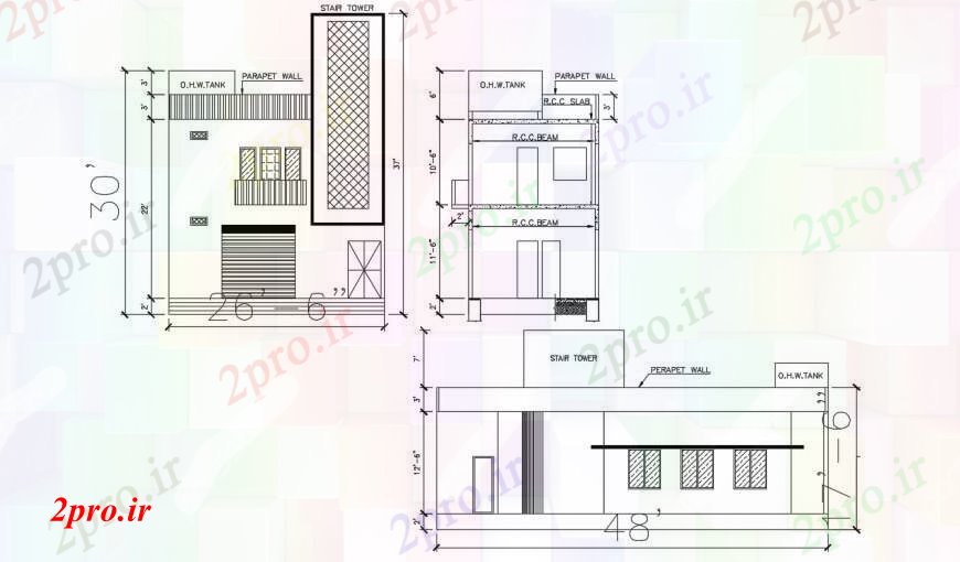 دانلود نقشه جزئیات ساخت و ساز طراحیدیوار جان پناه و RCC پرتو و بافت دیوار راه پله 5 در 8 متر (کد95726)