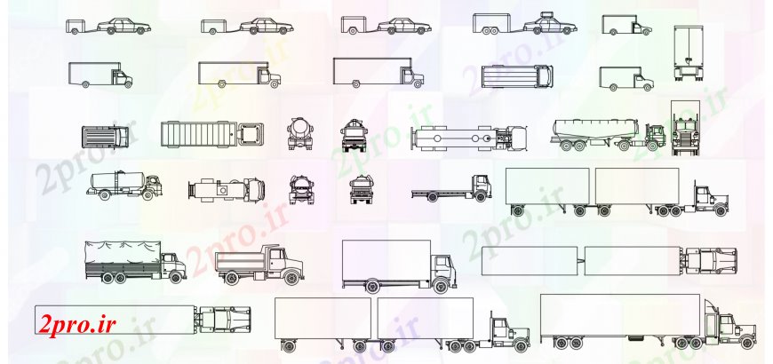 دانلود نقشه بلوک وسایل نقلیه ماشین های متعدد، کامیون و بلوک های خودرو سازنده طراحی جزئیات  (کد95730)