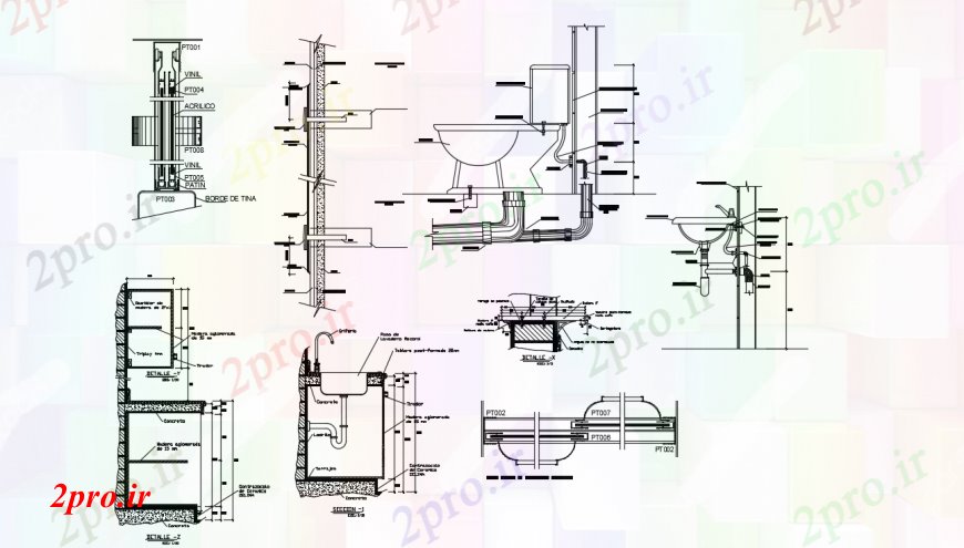 دانلود نقشه جزئیات لوله کشی ورق توالت و نصب و راه اندازی حوضه و ساختار لوله کشی جزئیات (کد95748)