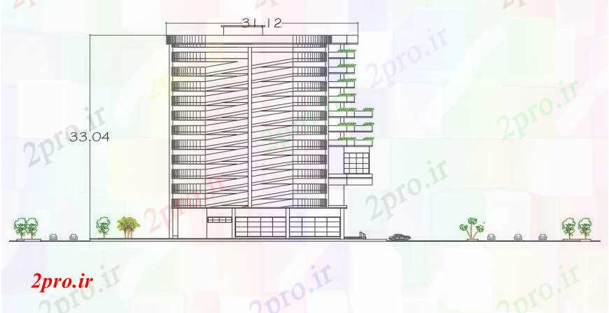 دانلود نقشه ساختمان اداری - تجاری - صنعتی جزئیات تجارت ساختمان نمای اتوکد دو بعدی 10 در 36 متر (کد95898)