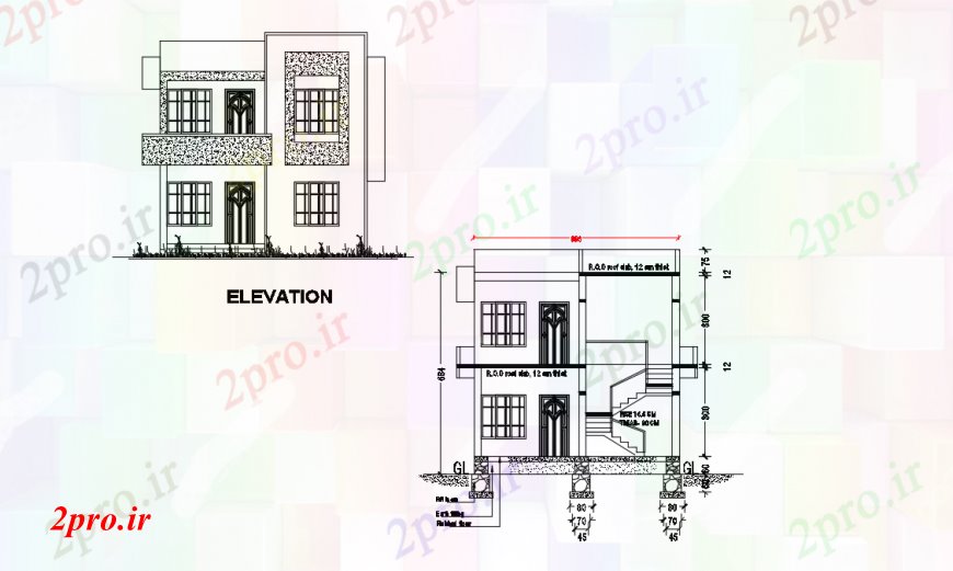 دانلود نقشه مسکونی  ، ویلایی ، آپارتمان  جبهه نما و بخش جزئیات دو سطح خانه مسکونی (کد95920)