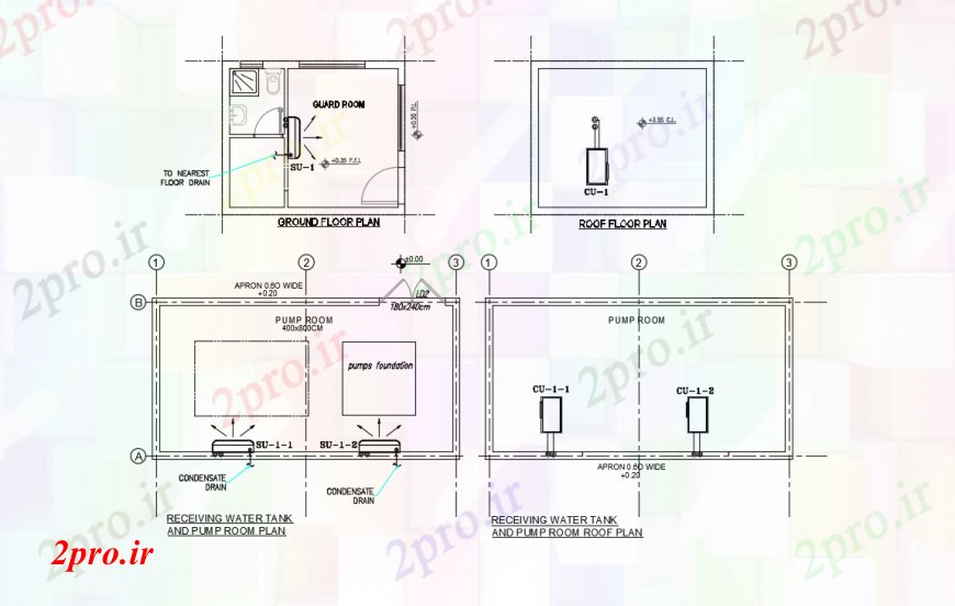 دانلود نقشه جزئیات لوله کشی  مخزن آب و طرحی اتاق پمپ با خانه گارد (کد95928)