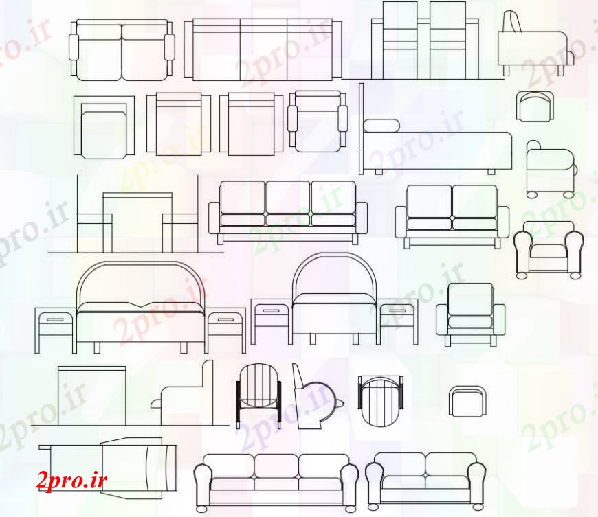 دانلود نقشه بلوک مبلمان تخت های مقطعی و سایر مدل مبلمان  جزئیات (کد95931)