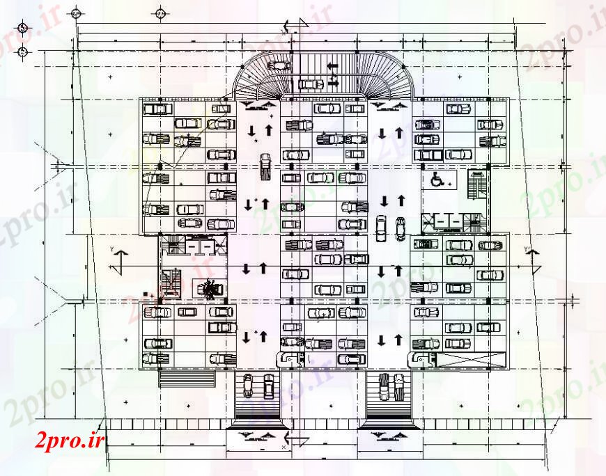 دانلود نقشه ساختمان اداری - تجاری - صنعتی طبقه زیرزمین پارکینگ جزئیات 68 در 70 متر (کد95935)