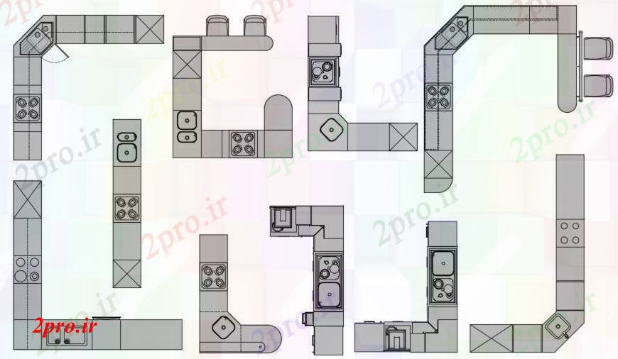 دانلود نقشه آشپزخانه نما بالا دو بعدی  از طراحی های پلت فرم آشپزخانه  (کد95999)