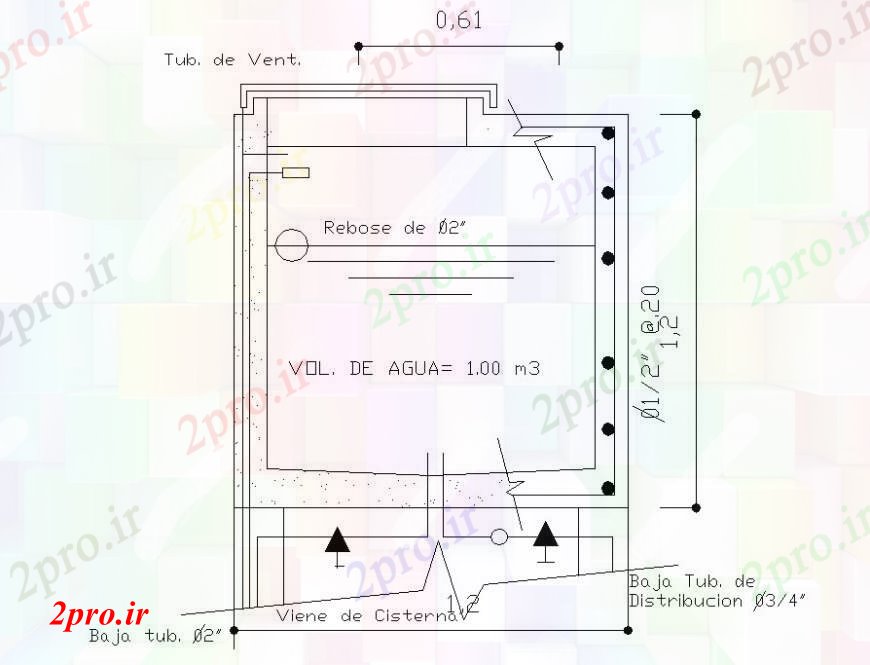 دانلود نقشه جزئیات لوله کشی جزئیات دو بعدی از بالا مخزن 8 در 14 متر (کد96024)