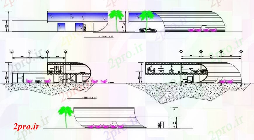 دانلود نقشه هتل - رستوران - اقامتگاه پروژه کافه تریا طراحی نما 20 در 23 متر (کد96047)