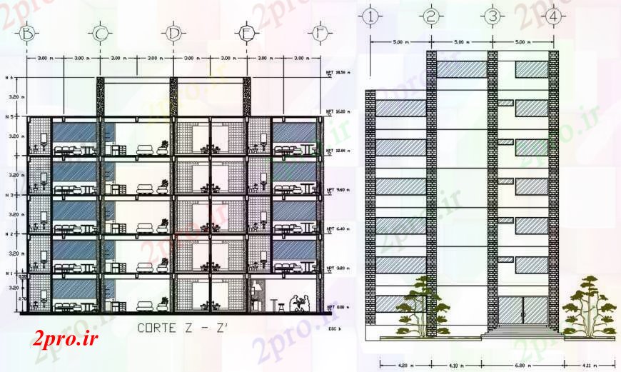 دانلود نقشه ساختمان اداری - تجاری - صنعتی طرحی بخش و طراحی نما 16 در 25 متر (کد96057)