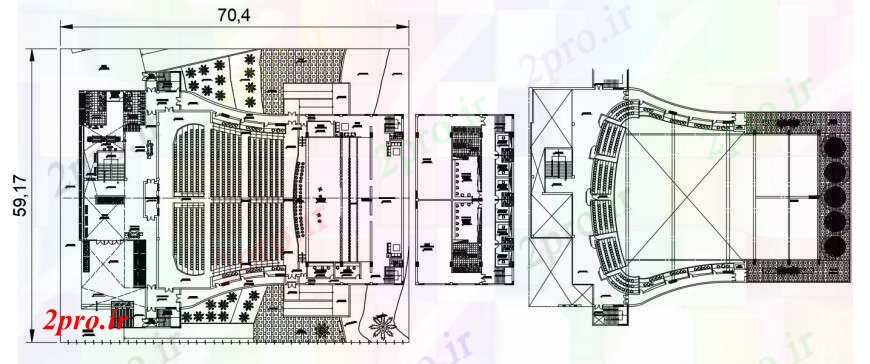 دانلود نقشه تئاتر چند منظوره - سینما - سالن کنفرانس - سالن همایشدو جزئیات توزیع کف تئاتر مولتی پلکس 48 در 65 متر (کد96084)