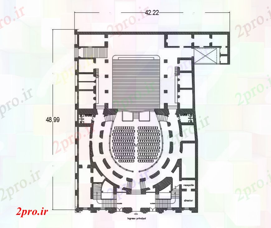 دانلود نقشه تئاتر چند منظوره - سینما - سالن کنفرانس - سالن همایشبازسازی توزیع تئاتر طرحی 42 در 50 متر (کد96085)