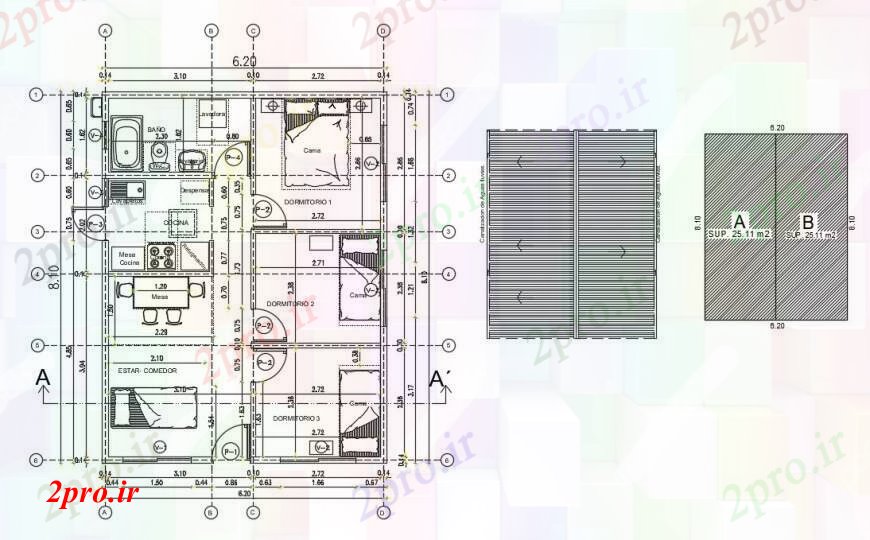 دانلود نقشه مسکونی ، ویلایی ، آپارتمان طرحی توزیع خانه چهار اتاق خواب با طراحی جزئیات مبلمان 6 در 8 متر (کد96156)