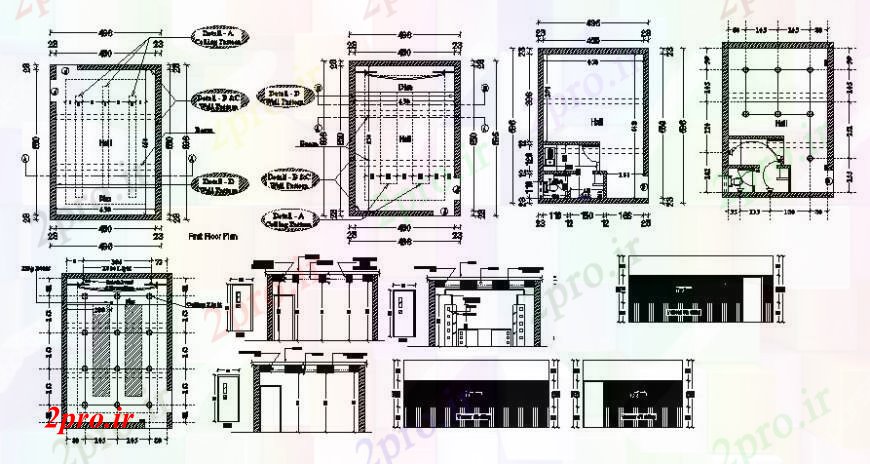 دانلود نقشه جزئیات ساخت و ساز دو بعدی رسم مطبوعات باشگاه سالن 5 در 7 متر (کد96169)