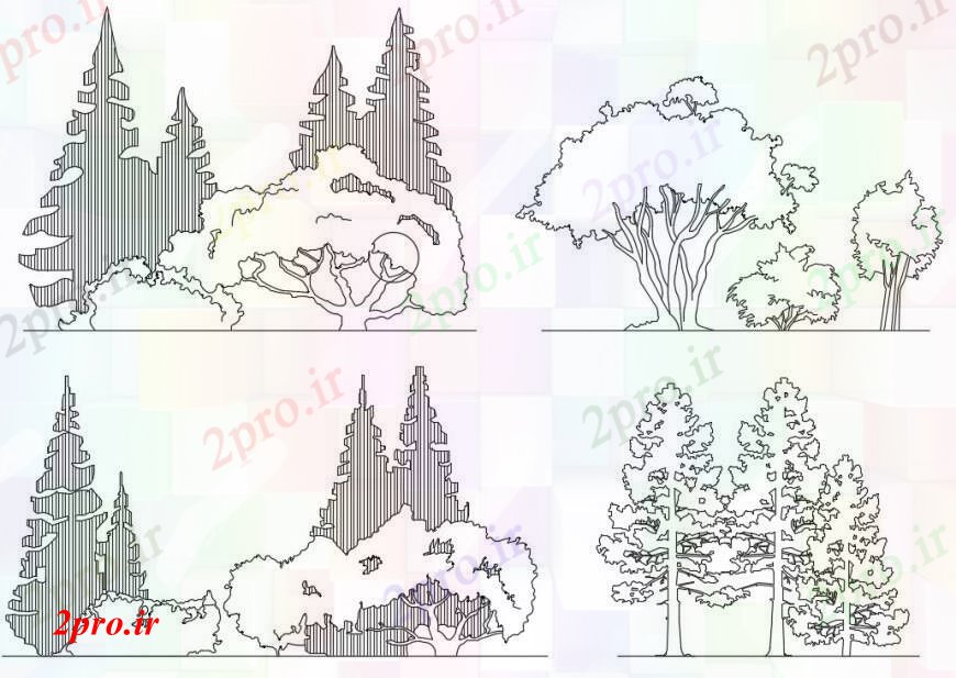 دانلود نقشه درختان و گیاهان محوطه سازی  دو بعدی  واحد طراحی های درختان  (کد96244)