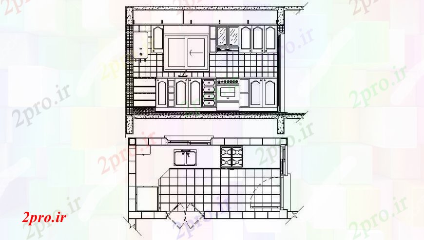 دانلود نقشه آشپزخانه طرحی آشپزخانه دو بعدی  و نما طراحی  (کد96259)