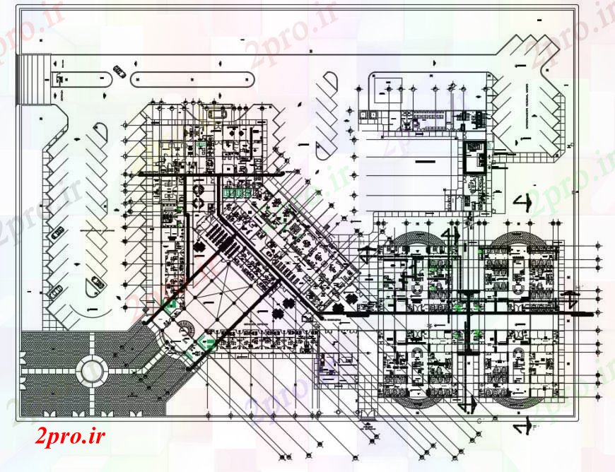 دانلود نقشه بیمارستان - درمانگاه - کلینیک بیمارستان طرحی ساختمان دو بعدی در اتوکد 120 در 163 متر (کد96281)