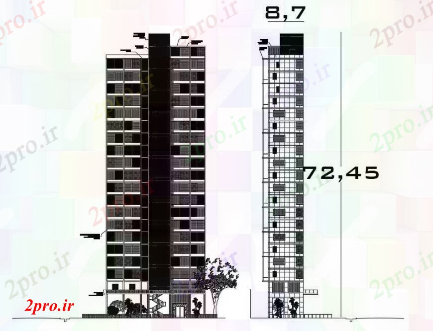 دانلود نقشه مسکونی ، ویلایی ، آپارتمان مسکونی بلند نما ساختمان و بخش طراحی جزئیات 10 در 17 متر (کد96304)