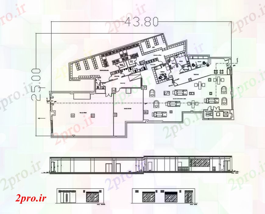 دانلود نقشه ورزشگاه ، سالن ورزش ، باشگاه بدنسازی نما ساختمان، بخش و توزیع 20 در 43 متر (کد96322)