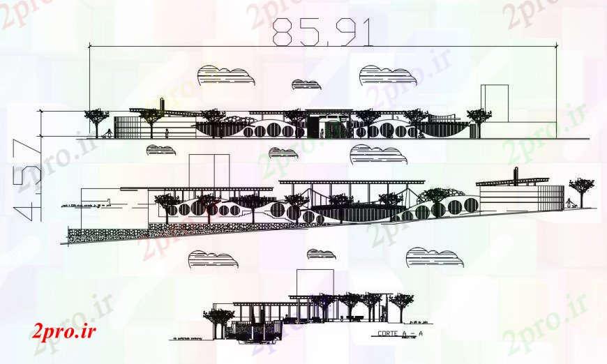 دانلود نقشه باغ فرهنگ کودکی نما دروازه پارک و بخش طراحی جزئیات 45 در 66 متر (کد96325)