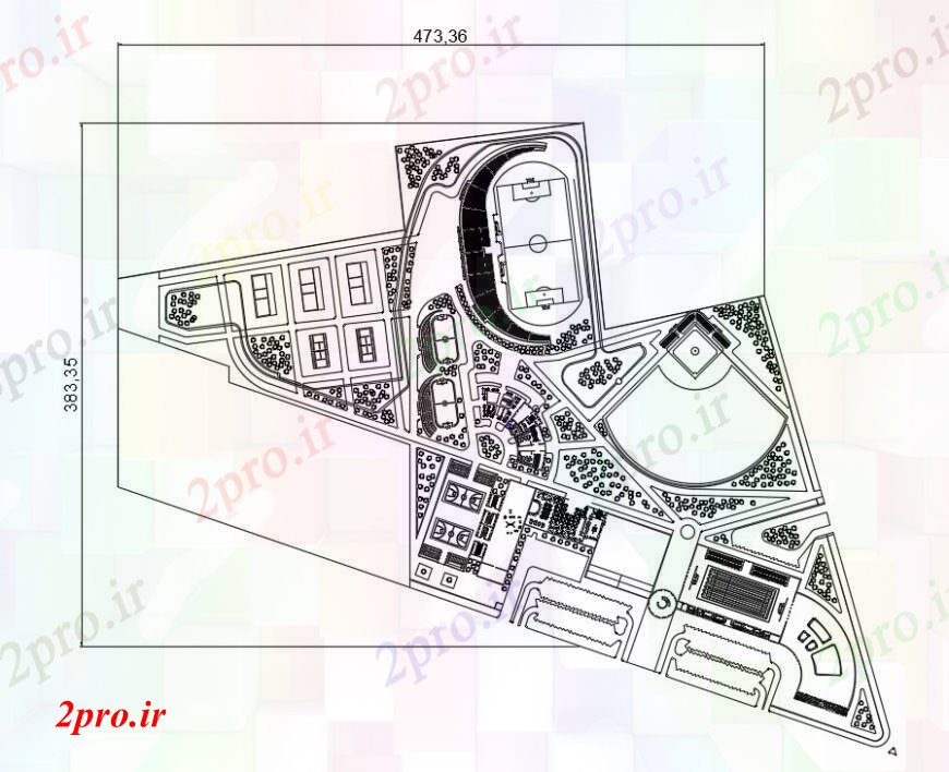 دانلود نقشه ورزشگاه ، سالن ورزش ، باشگاه طرحی توزیع مرکز ورزشی با محوطه سازی ساختار 91 در 359 متر (کد96329)