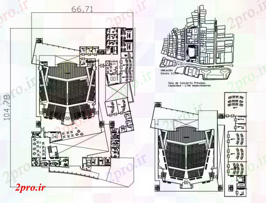 دانلود نقشه تئاتر چند منظوره - سینما - سالن کنفرانس - سالن همایشطرحی توزیع تئاتر چندگانه و ساختار طراحی جزئیات 72 در 94 متر (کد96333)