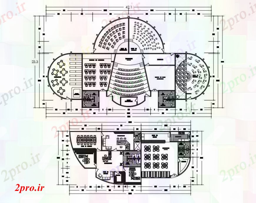 دانلود نقشه تئاتر چند منظوره - سینما - سالن کنفرانس - سالن همایشدو طبقه توزیع طراحی جزئیات تئاتر مولتی پلکس 23 در 42 متر (کد96335)