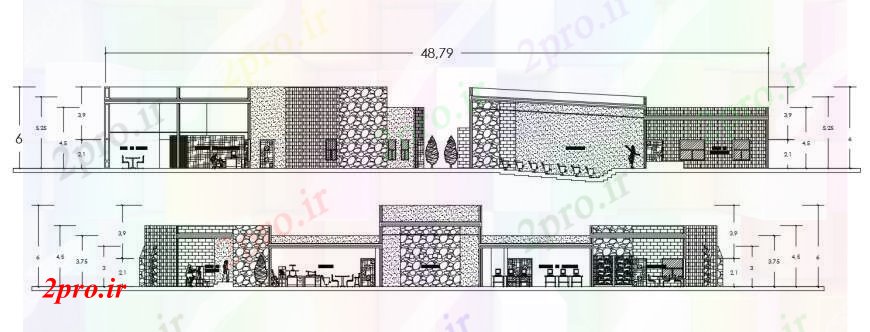 دانلود نقشه تئاتر چند منظوره - سینما - سالن کنفرانس - سالن همایشجلو و عقب نما طراحی جزئیات از مرکز فرهنگ 23 در 42 متر (کد96337)