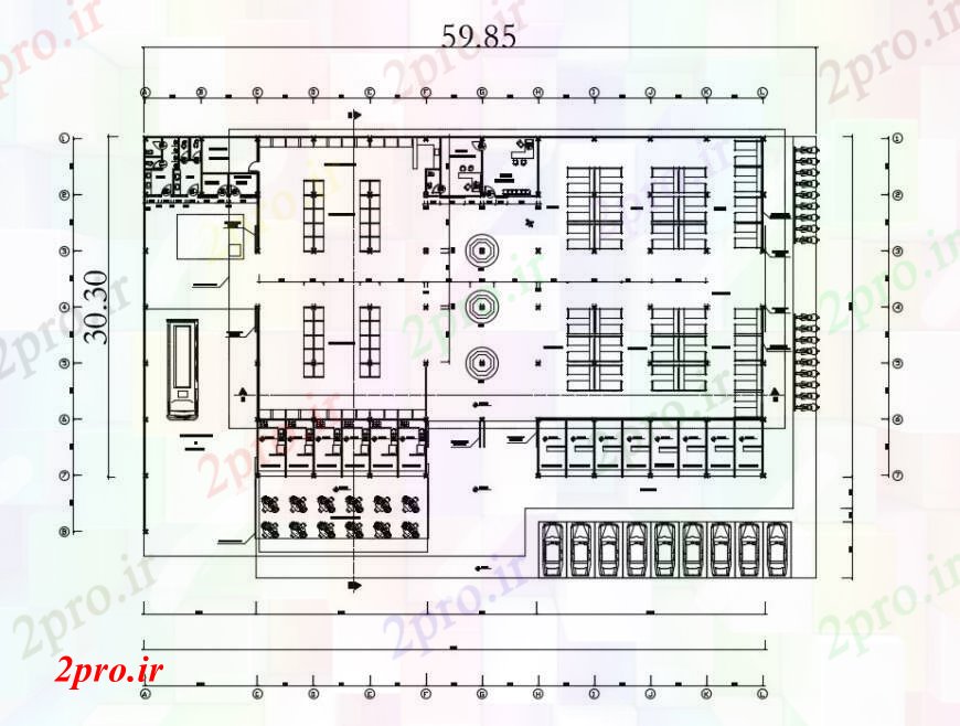 دانلود نقشه هایپر مارکت - مرکز خرید - فروشگاه طرحی توزیع بازار محلی با مبلمان 30 در 55 متر (کد96344)