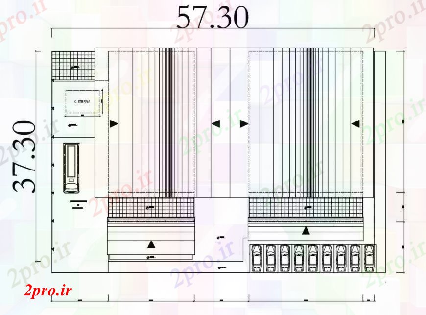 دانلود نقشه هایپر مارکت - مرکز خرید - فروشگاه طبقه بازار پوشش توزیع طراحی های 30 در 55 متر (کد96345)