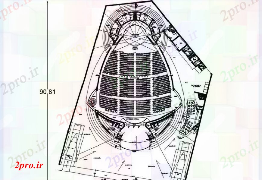 دانلود نقشه تئاتر چند منظوره - سینما - سالن کنفرانس - سالن همایشسالن توزیع سالن با مبلمان 63 در 91 متر (کد96348)