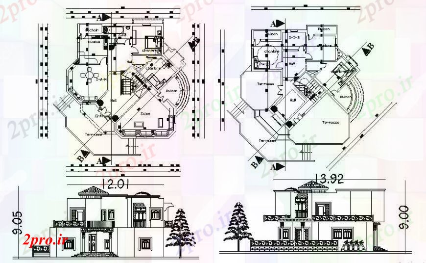 دانلود نقشه مسکونی ، ویلایی ، آپارتمان معماری خانههای ویلایی اقامت رسم 14 در 14 متر (کد96358)