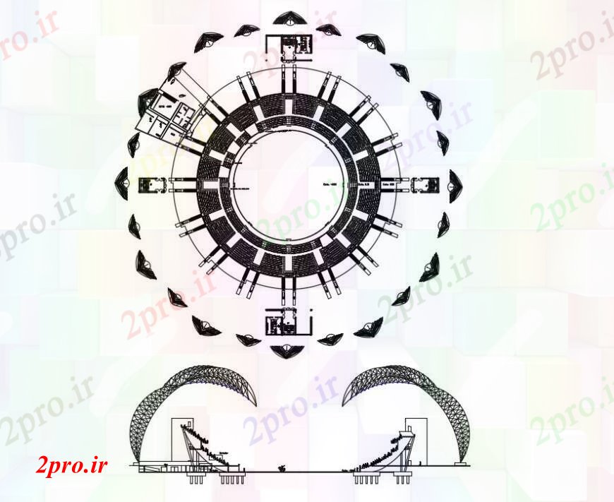 دانلود نقشه ورزشگاه ، سالن ورزش ، باشگاه ورزش بخش ورزشگاه و توزیع طرحی های 135 در 135 متر (کد96364)