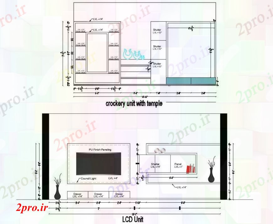 دانلود نقشه طراحی مبلمان آشپزخانه واحد مصرف ظروف یکبار مصرف با معبد و واحد ال سی دی  (کد96404)